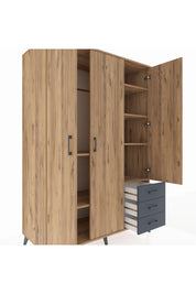 Kronos Dolap 6 Raflı 3 Çekmeceli Tek Askılı 132x59x195 Çam-Çam/Antrasit