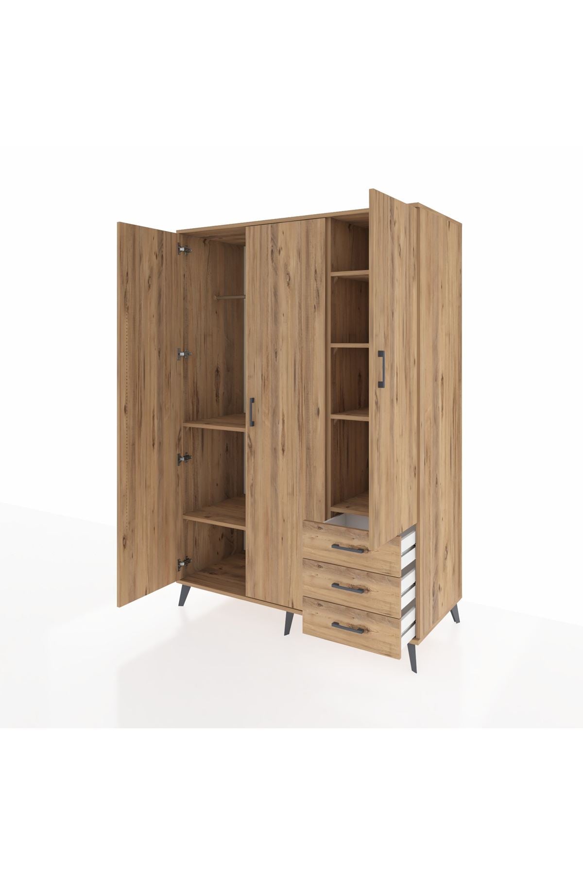 Kronos Dolap 6 Raflı 3 Çekmeceli Tek Askılı 132x59x195 Çam-Çam/Çam