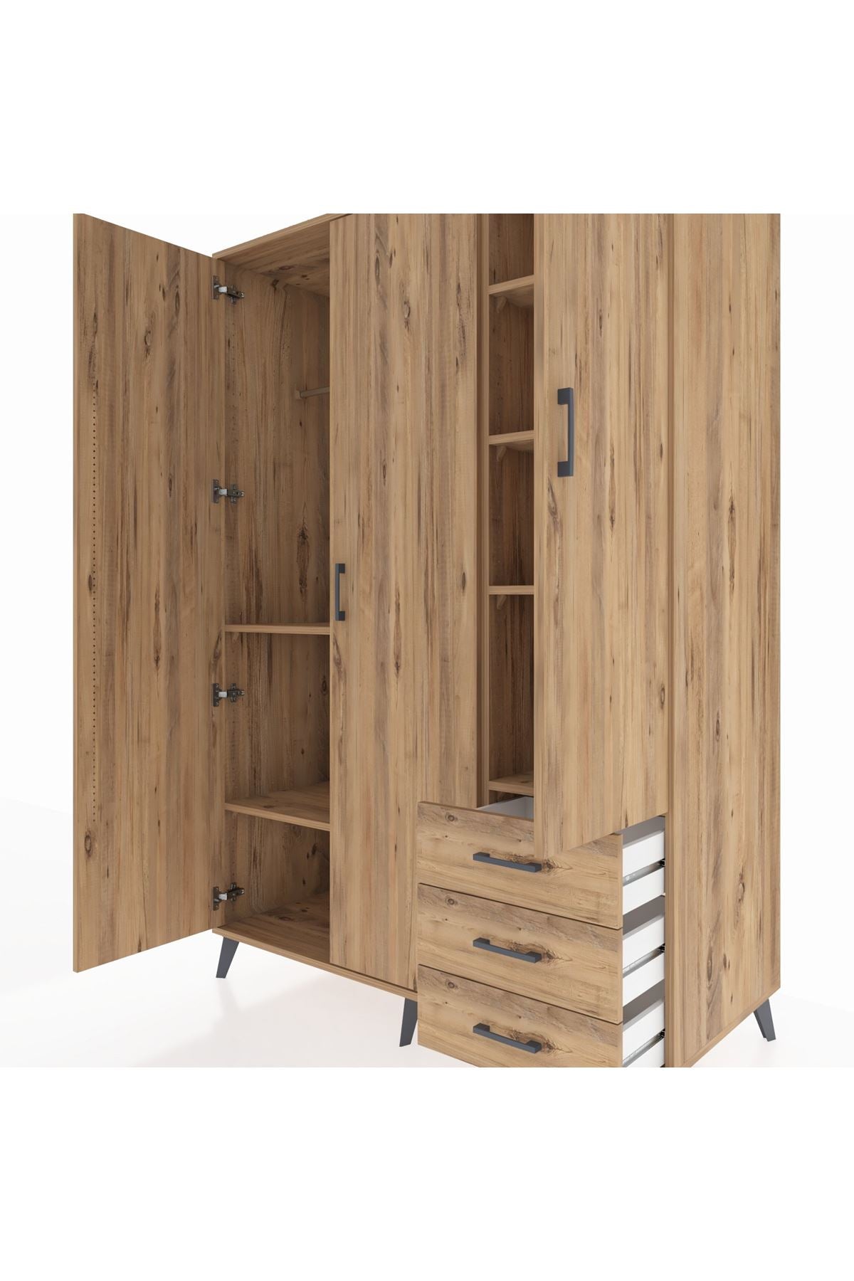 Kronos Dolap 6 Raflı 3 Çekmeceli Tek Askılı 132x59x195 Çam-Çam/Çam