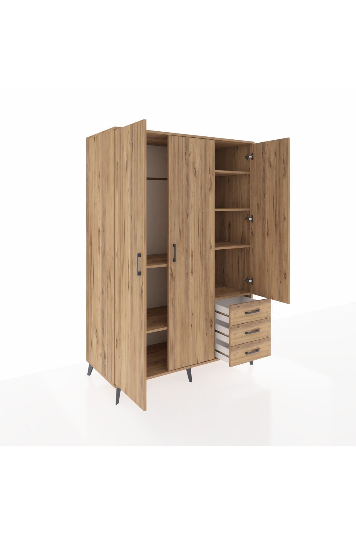 Kronos Dolap 6 Raflı 3 Çekmeceli Tek Askılı 132x59x195 Çam-Çam/Çam