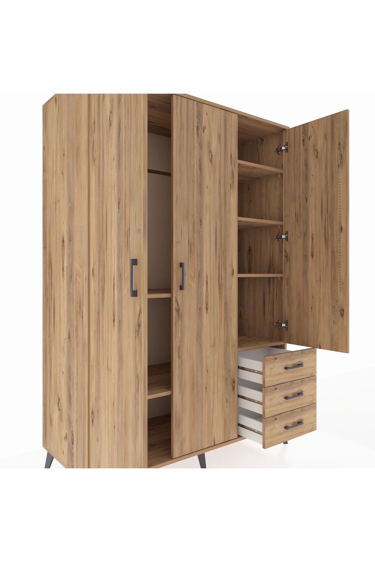 Kronos Dolap 6 Raflı 3 Çekmeceli Tek Askılı 132x59x195 Çam-Çam/Çam