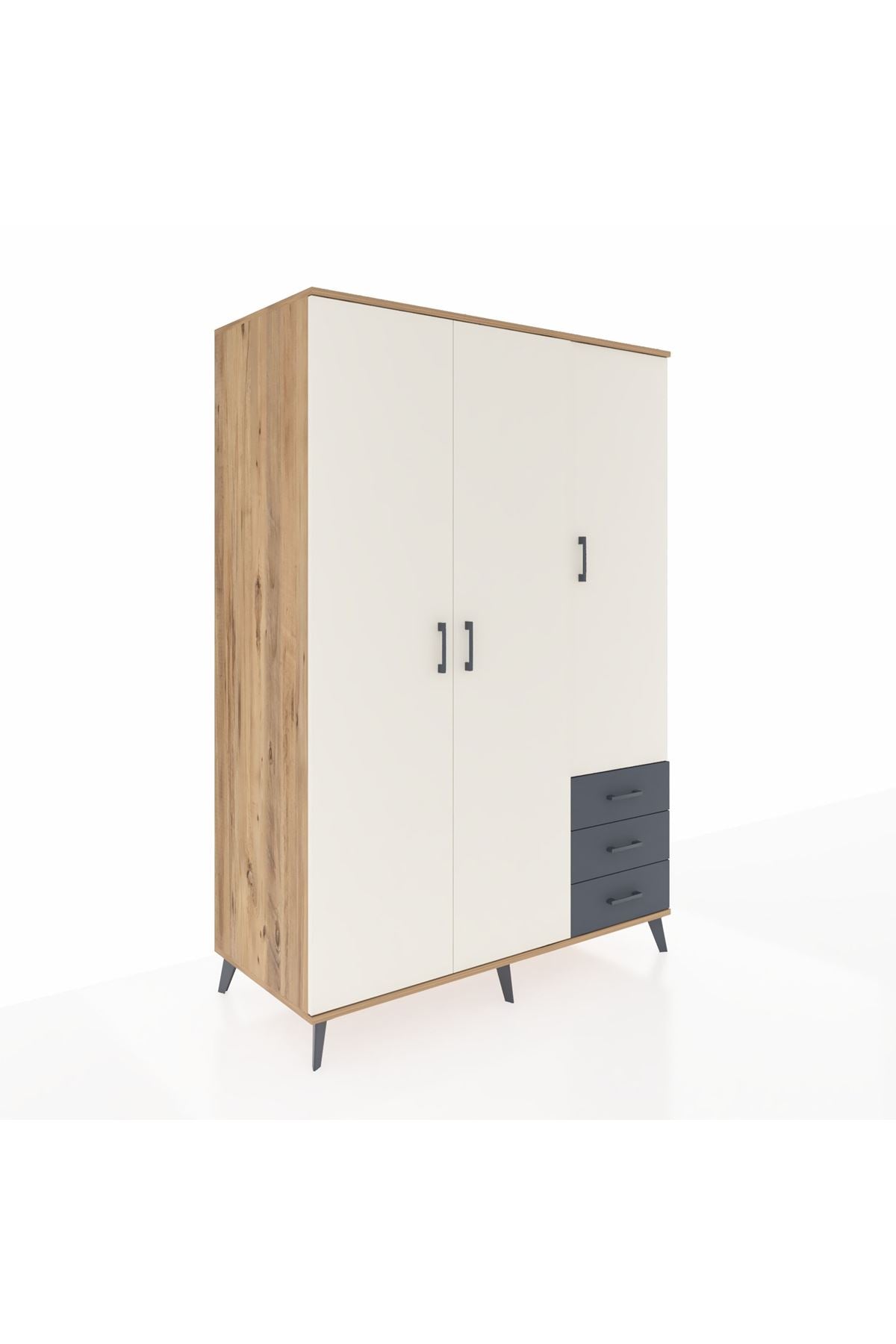 Kronos Dolap 6 Raflı 3 Çekmeceli Tek Askılı 132x59x195 Çam-Aytaşı/Antrasit