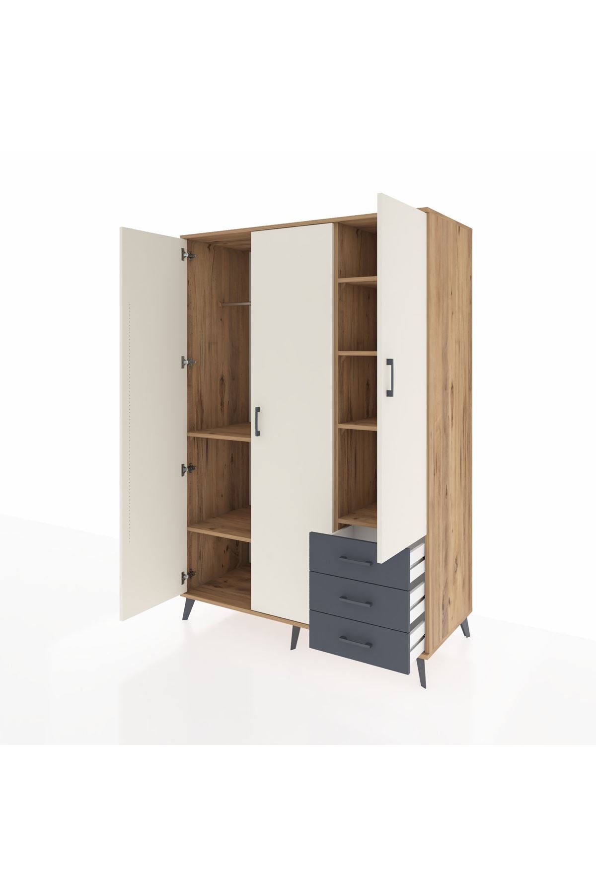 Kronos Dolap 6 Raflı 3 Çekmeceli Tek Askılı 132x59x195 Çam-Aytaşı/Antrasit