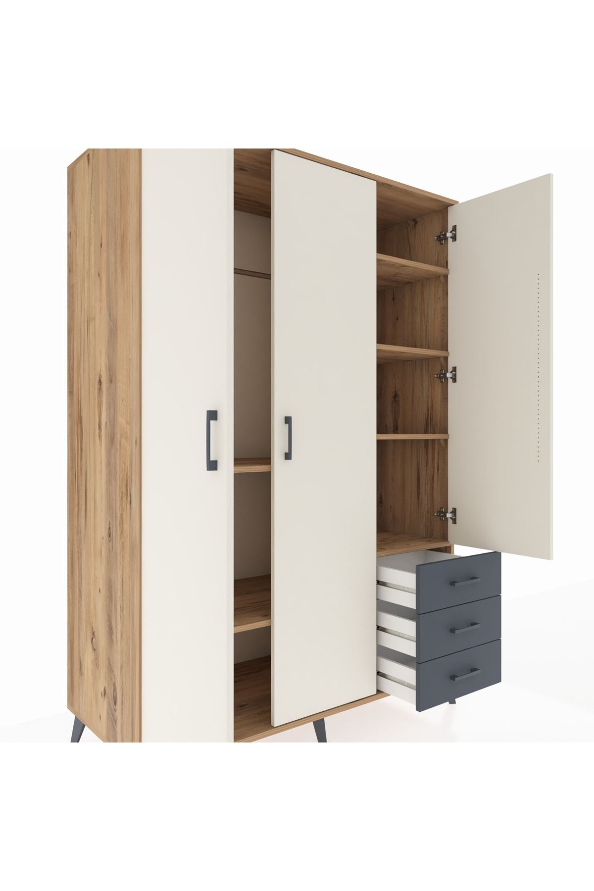 Kronos Dolap 6 Raflı 3 Çekmeceli Tek Askılı 132x59x195 Çam-Aytaşı/Antrasit