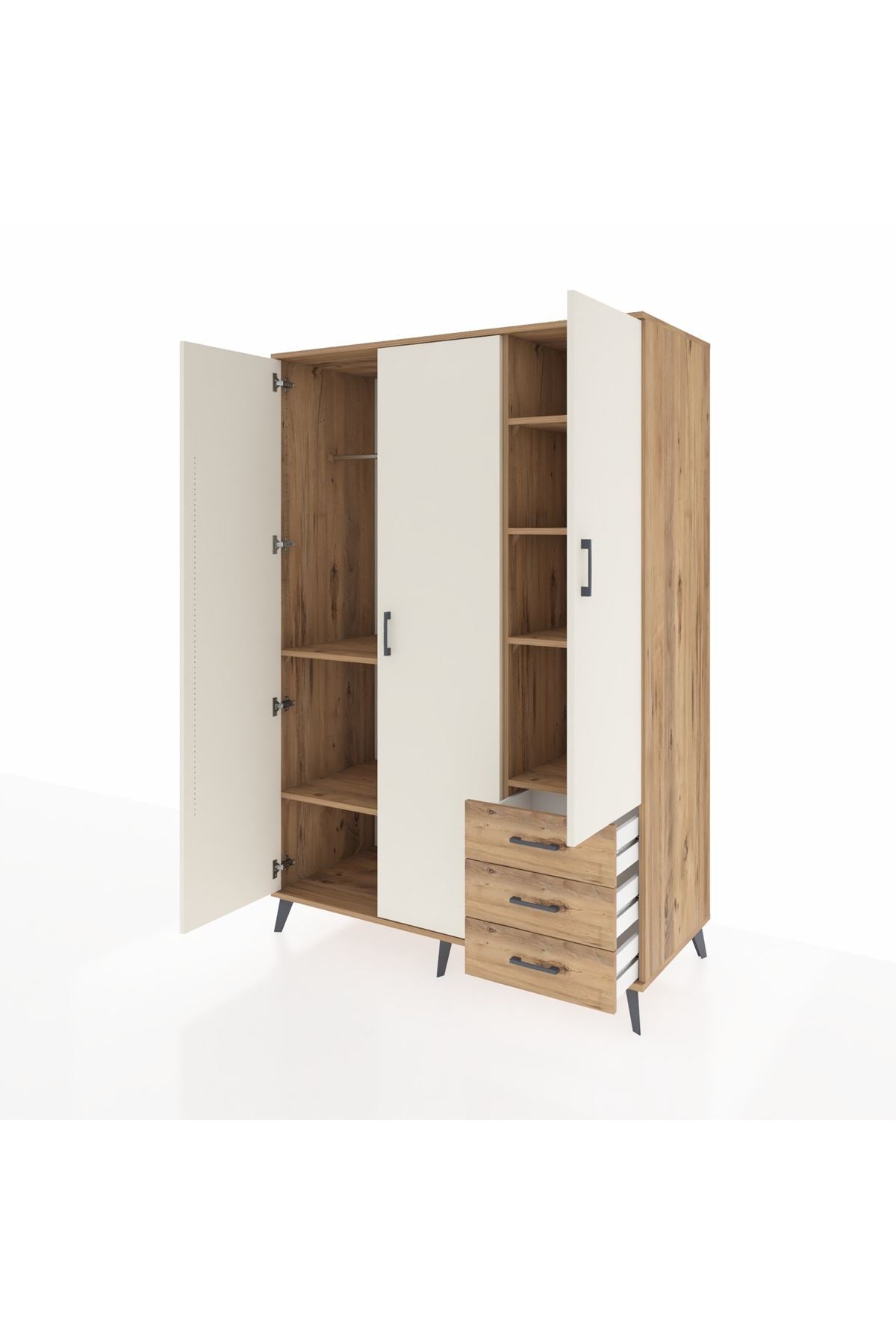 Kronos Dolap 6 Raflı 3 Çekmeceli Tek Askılı 132x59x195 Çam-Aytaşı/Çam