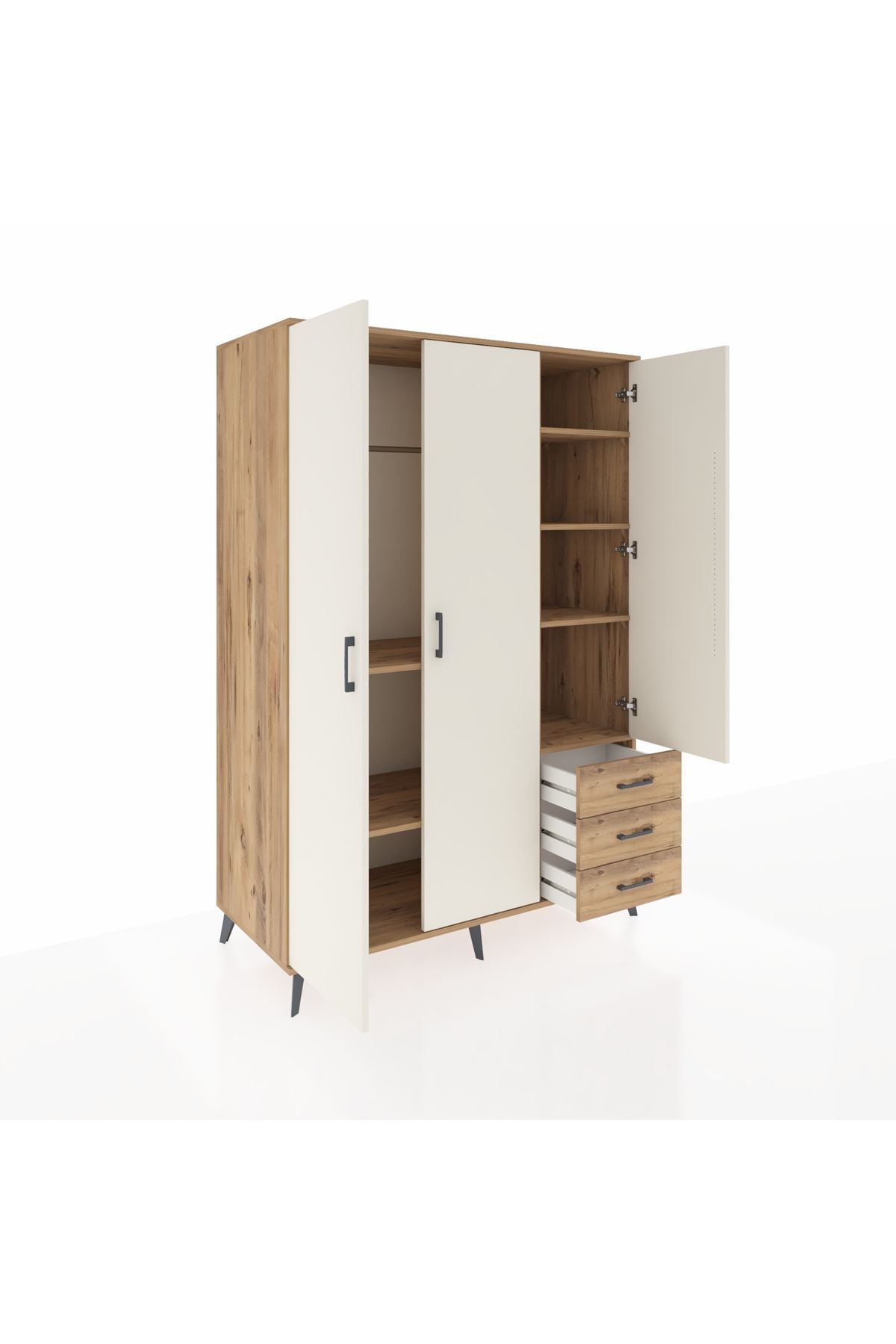 Kronos Dolap 6 Raflı 3 Çekmeceli Tek Askılı 132x59x195 Çam-Aytaşı/Çam