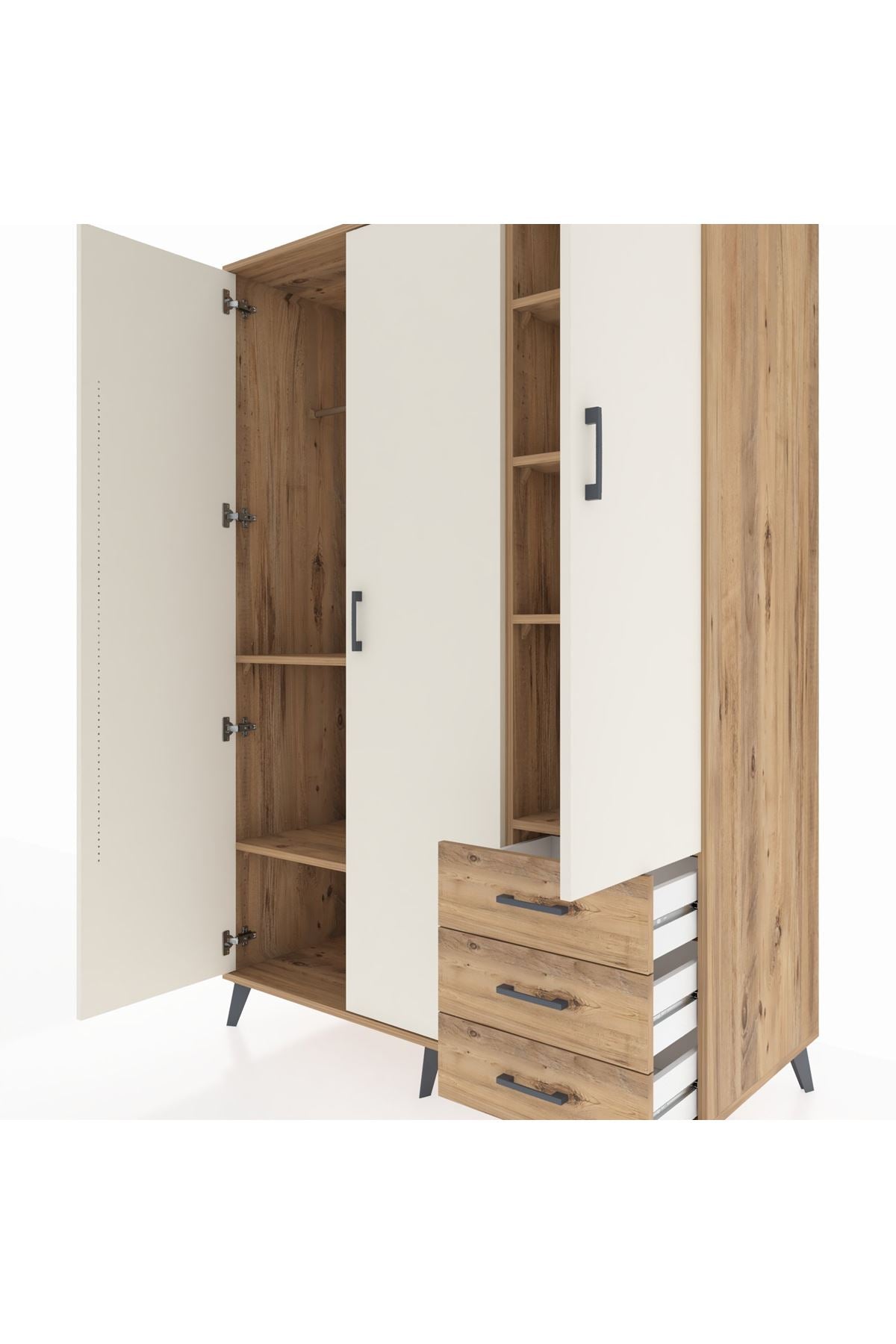 Kronos Dolap 6 Raflı 3 Çekmeceli Tek Askılı 132x59x195 Çam-Aytaşı/Çam