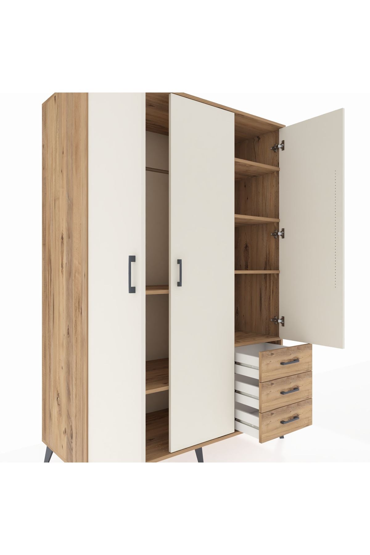 Kronos Dolap 6 Raflı 3 Çekmeceli Tek Askılı 132x59x195 Çam-Aytaşı/Çam
