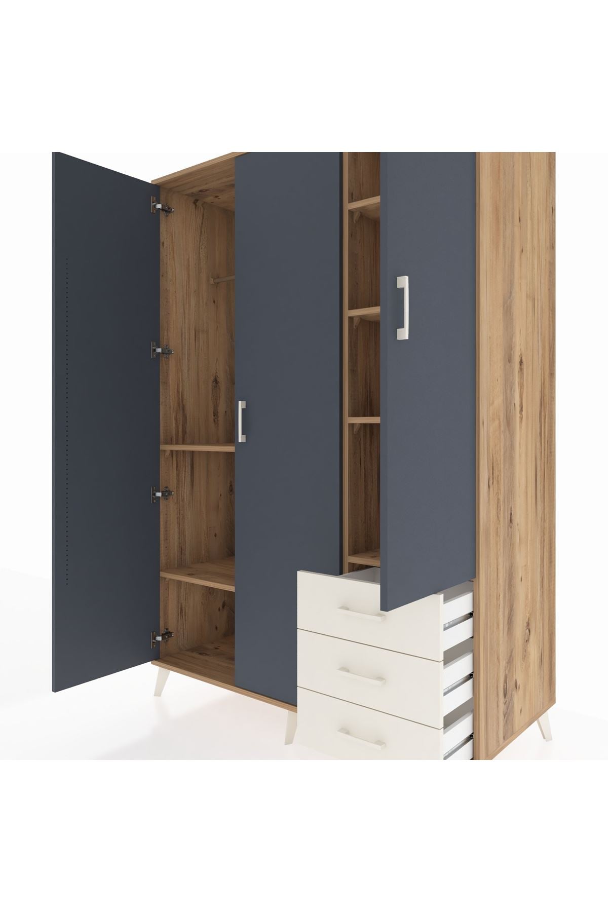 Kronos Dolap 6 Raflı 3 Çekmeceli Tek Askılı 132x59x195 Çam-Antrasit/Aytaşı