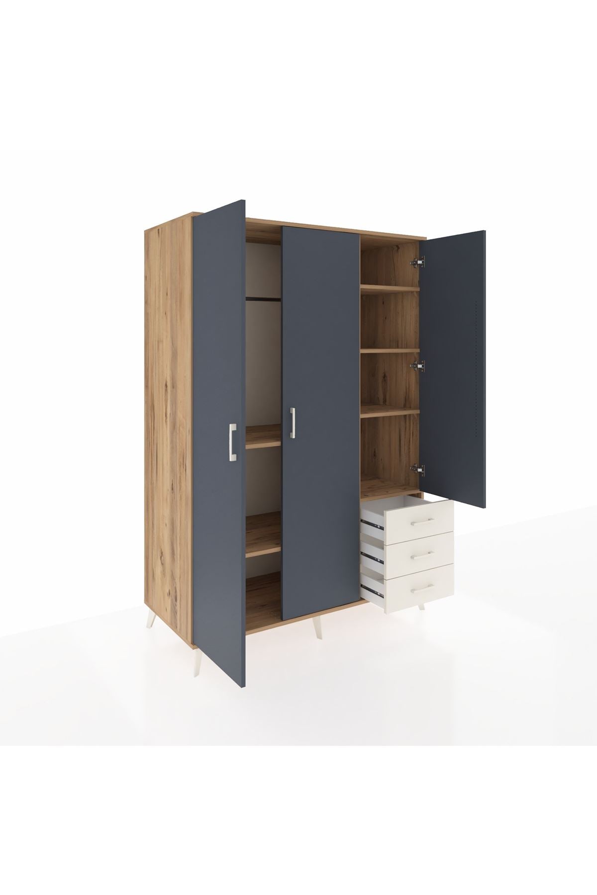 Kronos Dolap 6 Raflı 3 Çekmeceli Tek Askılı 132x59x195 Çam-Antrasit/Aytaşı