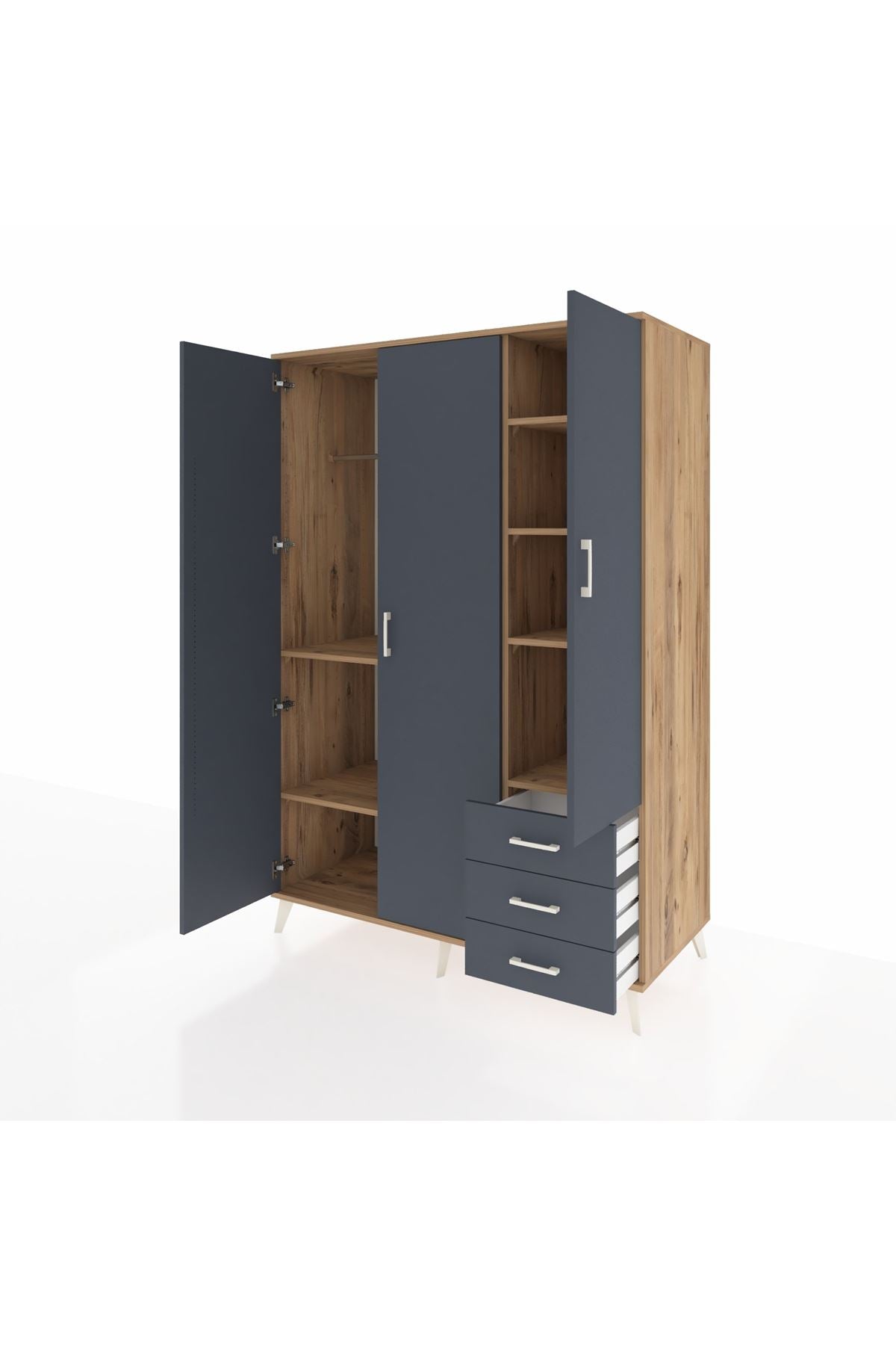 Kronos Dolap 6 Raflı 3 Çekmeceli Tek Askılı 132x59x195 Çam-Antrasit/Antrasit