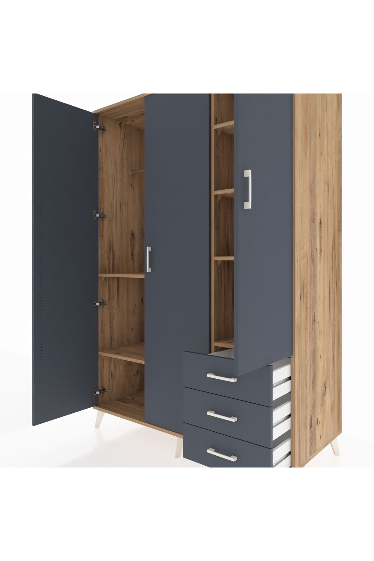 Kronos Dolap 6 Raflı 3 Çekmeceli Tek Askılı 132x59x195 Çam-Antrasit/Antrasit