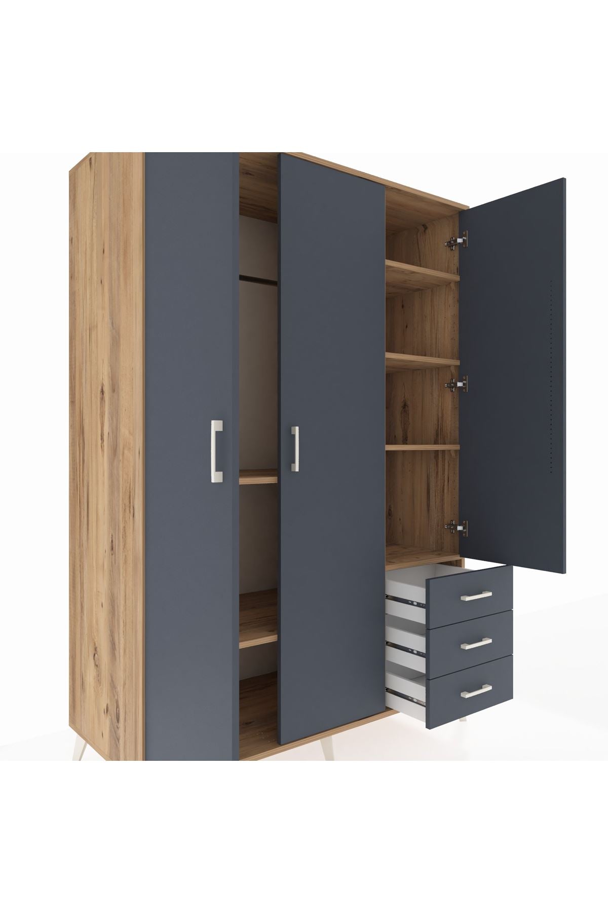 Kronos Dolap 6 Raflı 3 Çekmeceli Tek Askılı 132x59x195 Çam-Antrasit/Antrasit