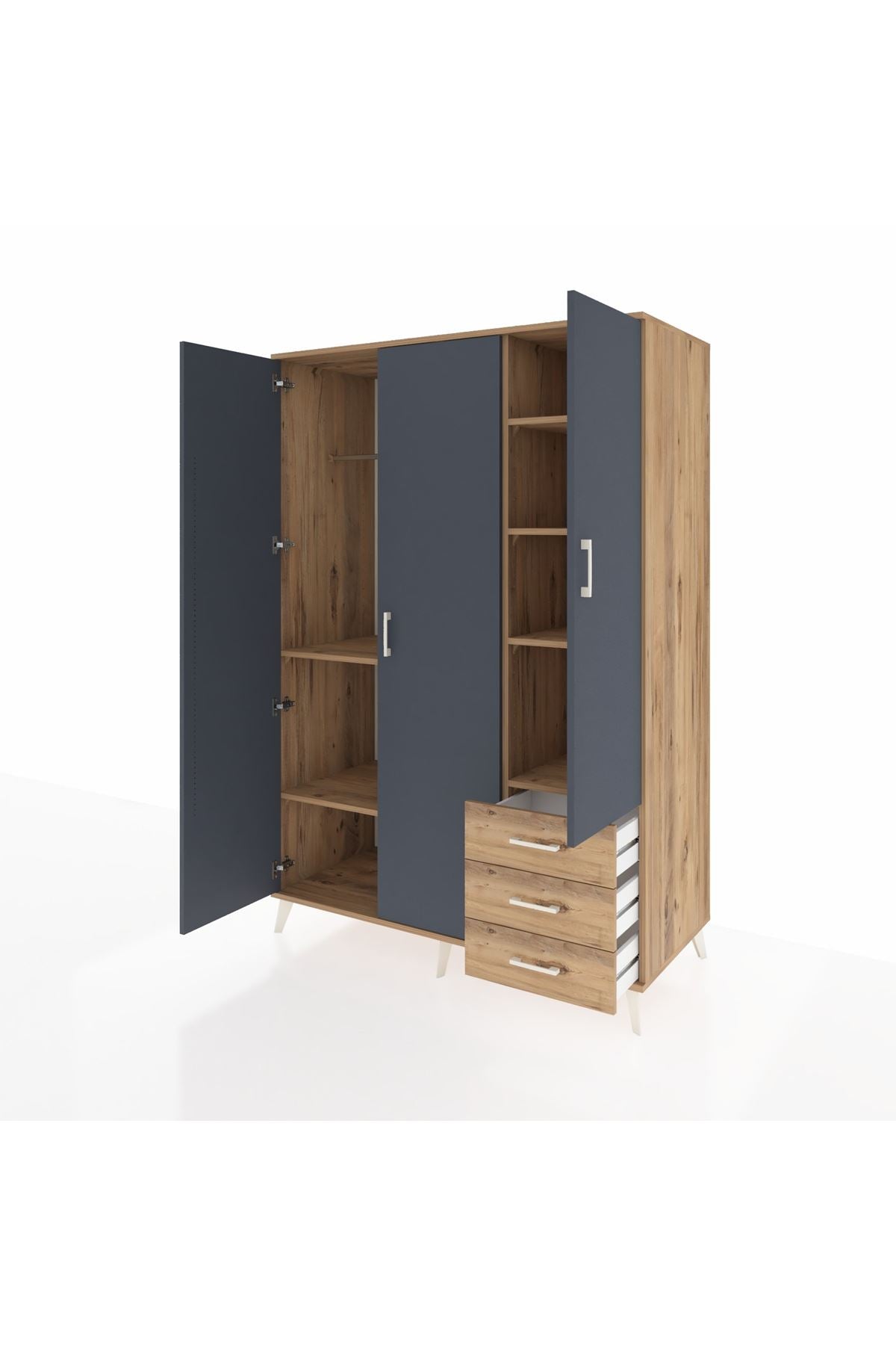 Kronos Dolap 6 Raflı 3 Çekmeceli Tek Askılı 132x59x195 Çam-Antrasit/Çam