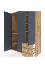 Kronos Dolap 6 Raflı 3 Çekmeceli Tek Askılı 132x59x195 Çam-Antrasit/Çam