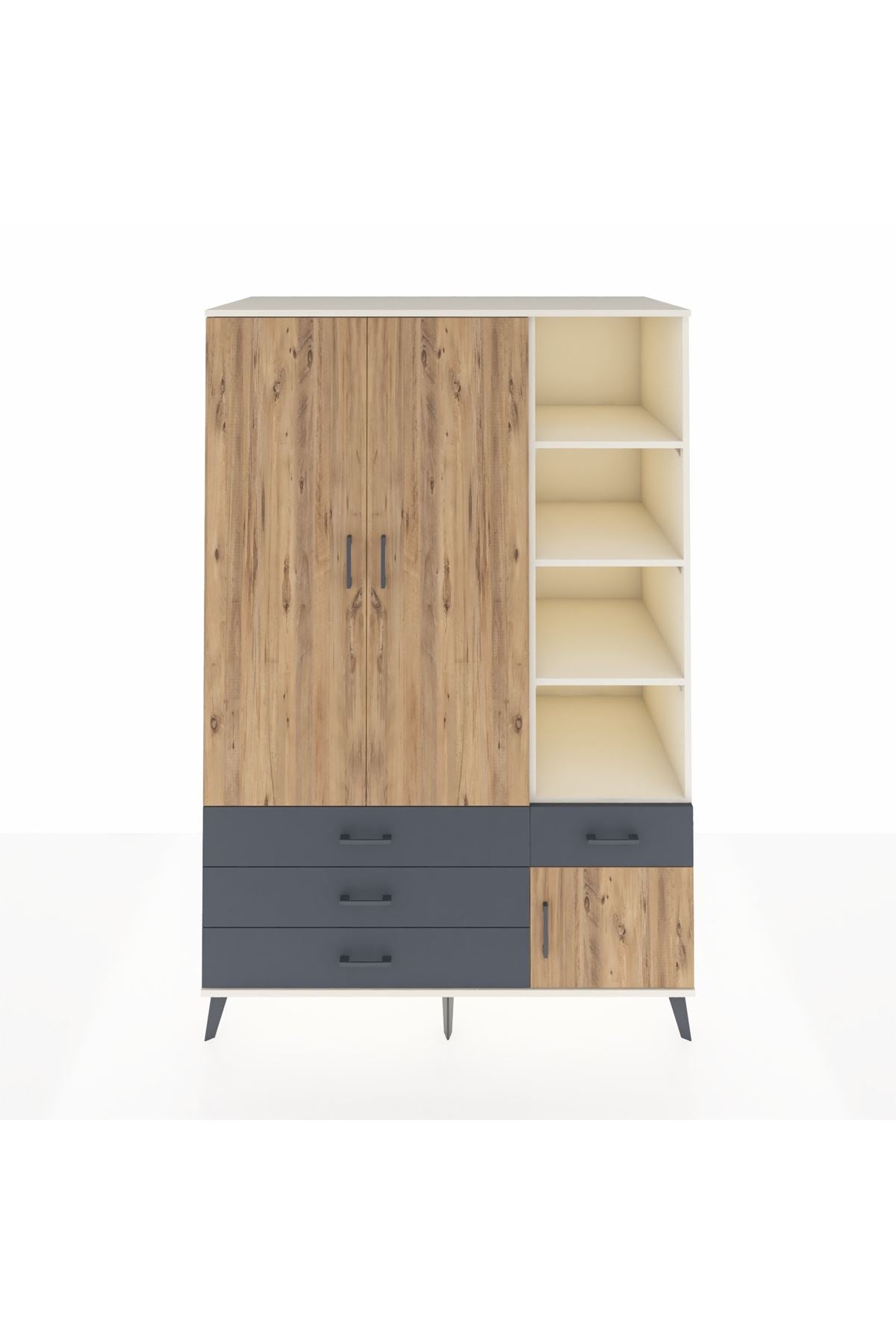 Kronos Dolap 5 Raflı 4 Çekmeceli Tek Askılı 132x59x195 Aytaşı-Çam/Antrasit