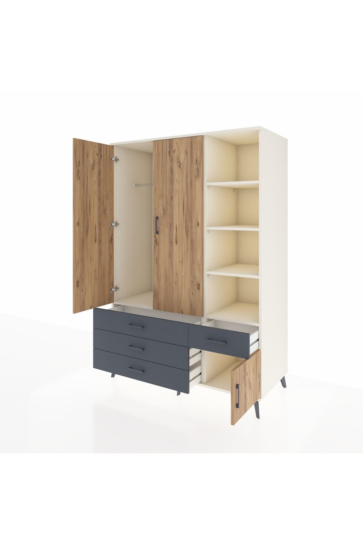 Kronos Dolap 5 Raflı 4 Çekmeceli Tek Askılı 132x59x195 Aytaşı-Çam/Antrasit