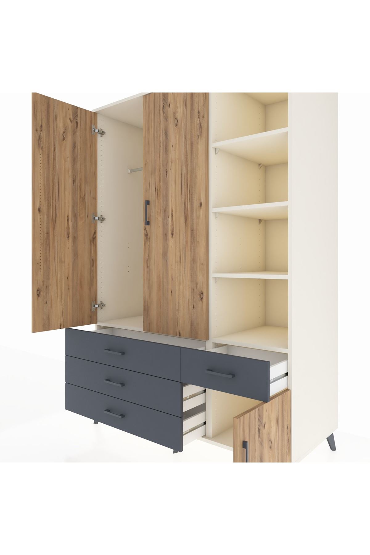 Kronos Dolap 5 Raflı 4 Çekmeceli Tek Askılı 132x59x195 Aytaşı-Çam/Antrasit