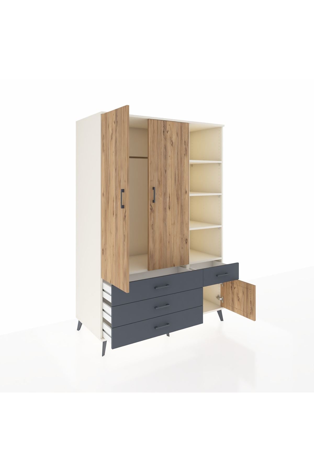 Kronos Dolap 5 Raflı 4 Çekmeceli Tek Askılı 132x59x195 Aytaşı-Çam/Antrasit