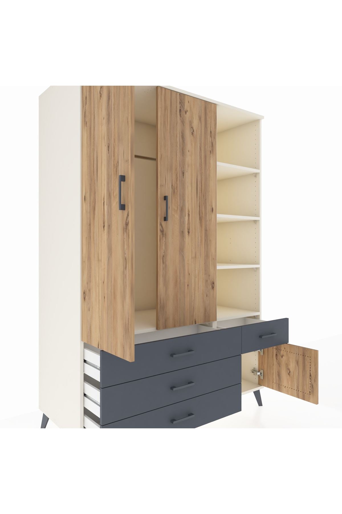 Kronos Dolap 5 Raflı 4 Çekmeceli Tek Askılı 132x59x195 Aytaşı-Çam/Antrasit