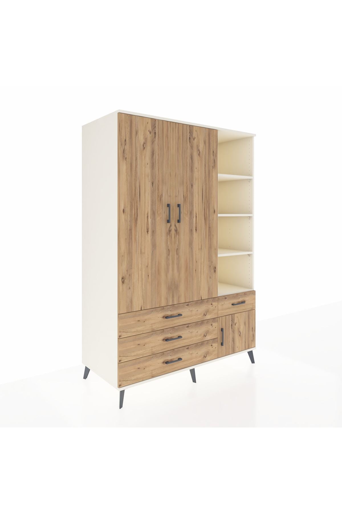 Kronos Dolap 5 Raflı 4 Çekmeceli Tek Askılı 132x59x195 Aytaşı-Çam/Çam