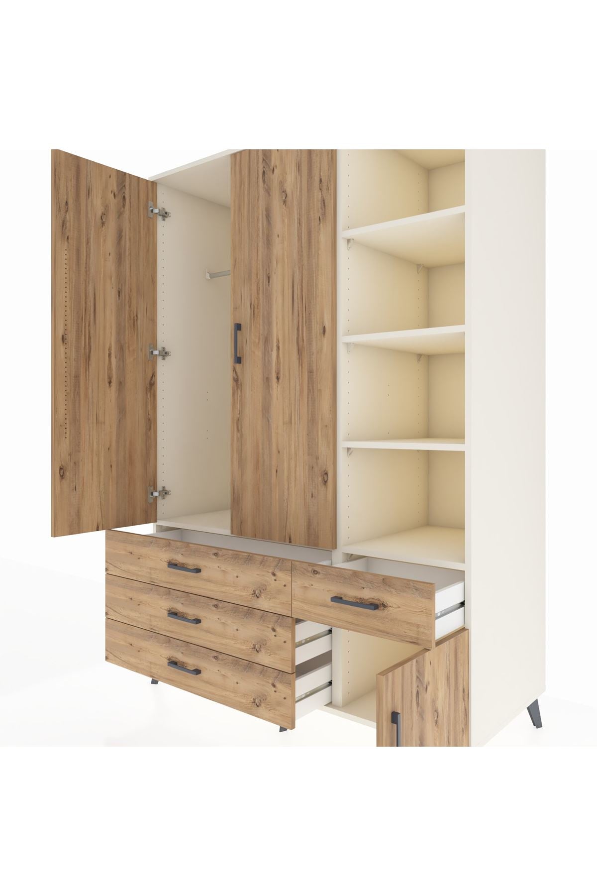 Kronos Dolap 5 Raflı 4 Çekmeceli Tek Askılı 132x59x195 Aytaşı-Çam/Çam