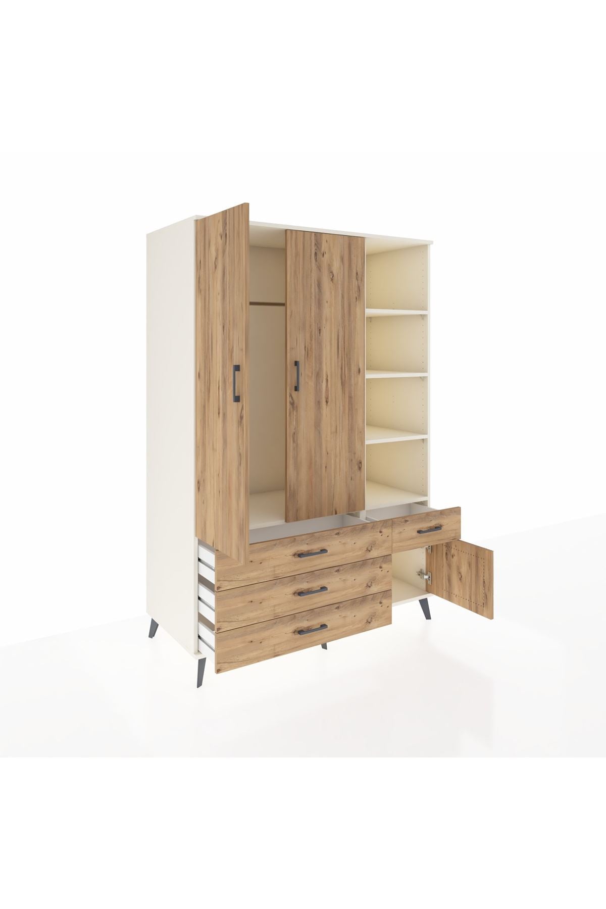 Kronos Dolap 5 Raflı 4 Çekmeceli Tek Askılı 132x59x195 Aytaşı-Çam/Çam