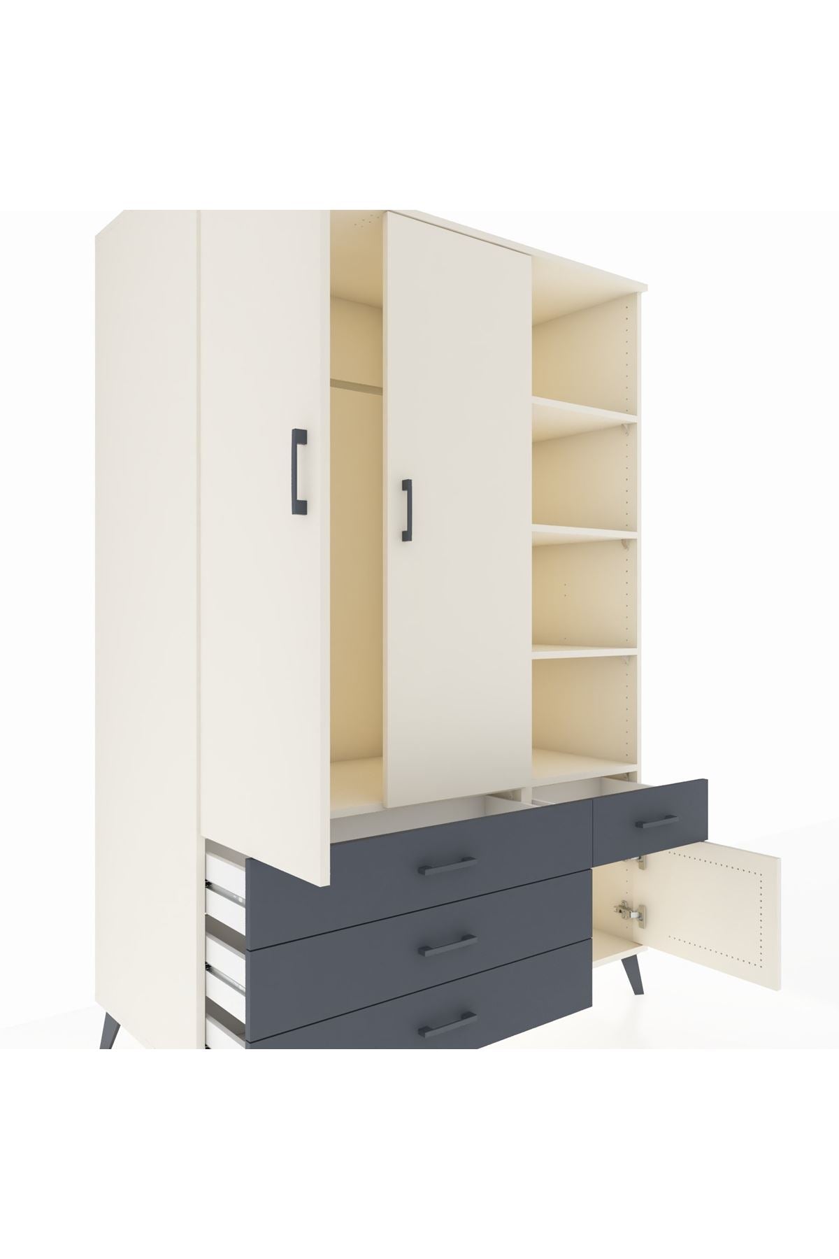 Kronos Dolap 5 Raflı 4 Çekmeceli Tek Askılı 132x59x195 Aytaşı-Aytaşı/Antrasit