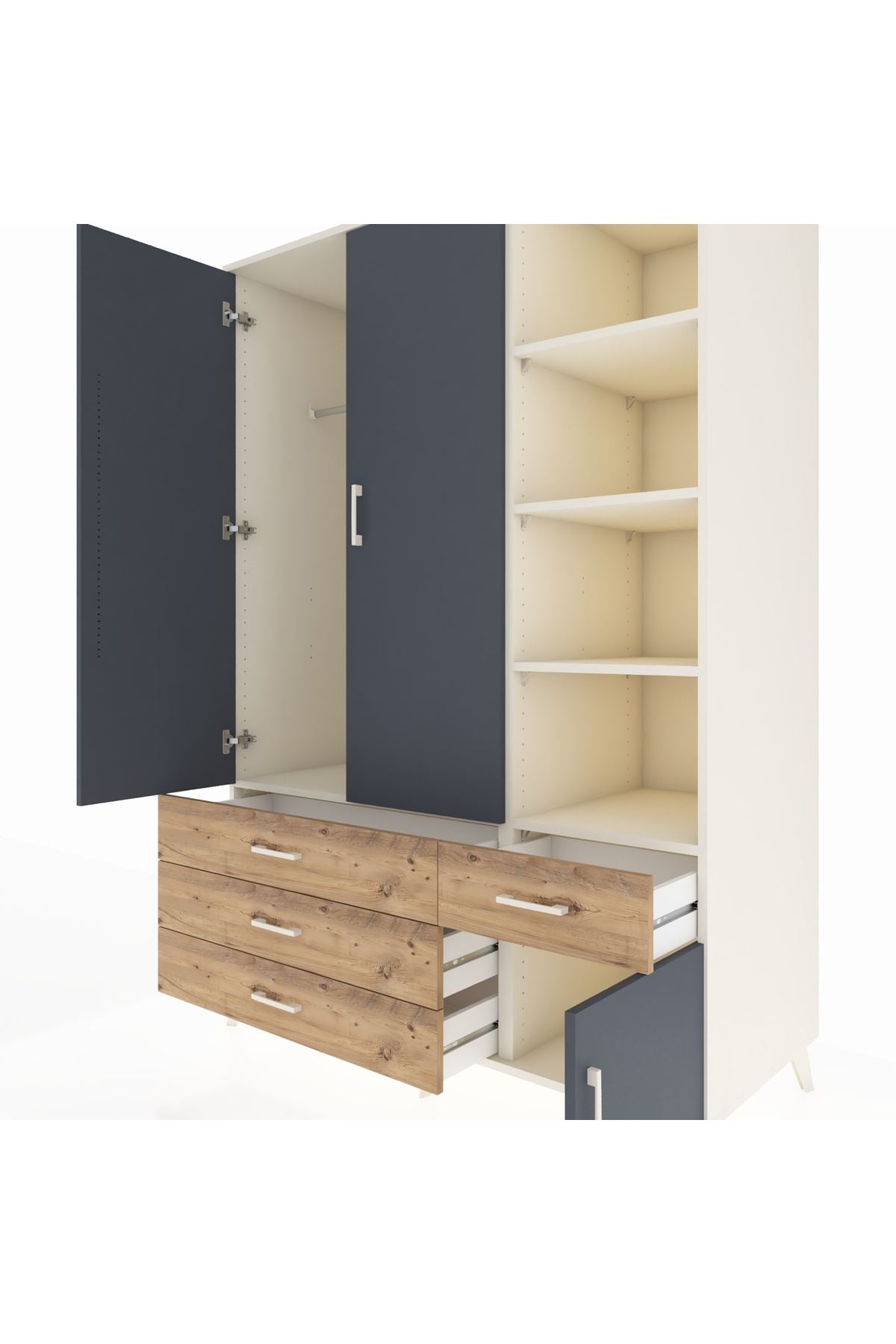 Kronos Dolap 5 Raflı 4 Çekmeceli Tek Askılı 132x59x195 Aytaşı-Antrasit/Çam