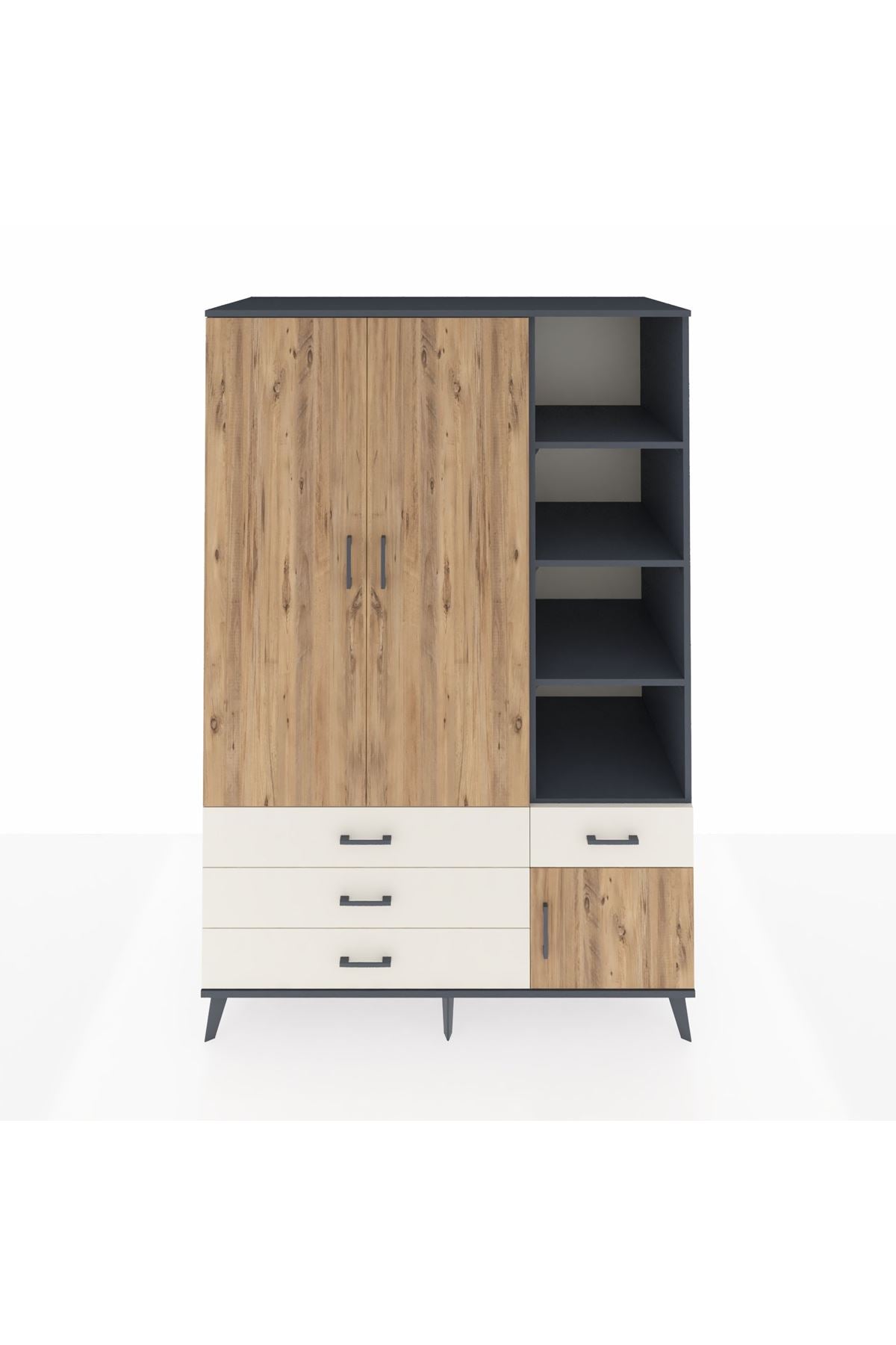 Kronos Dolap 5 Raflı 4 Çekmeceli Tek Askılı 132x59x195 Antrasit-Çam/Aytaşı