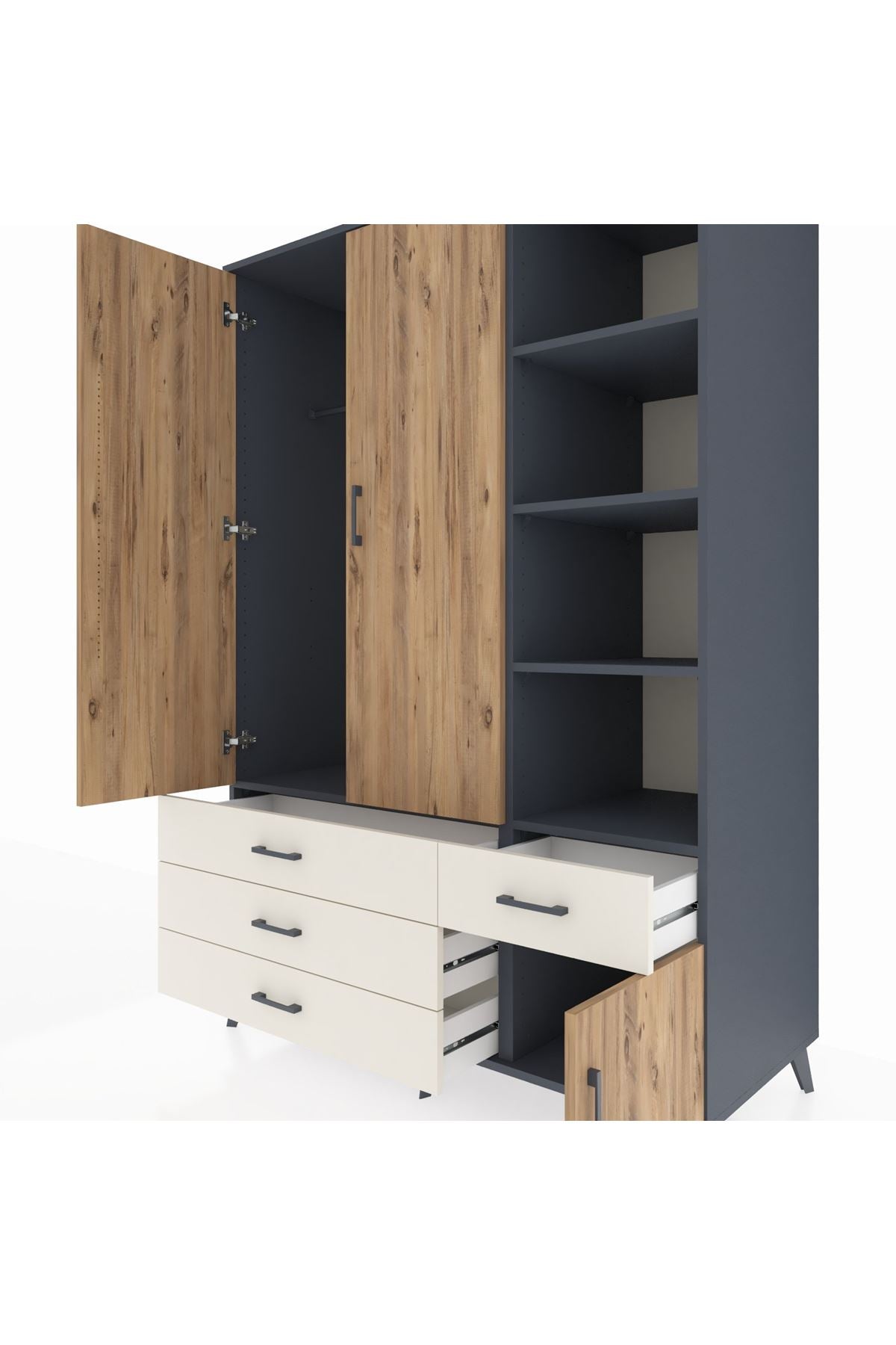 Kronos Dolap 5 Raflı 4 Çekmeceli Tek Askılı 132x59x195 Antrasit-Çam/Aytaşı