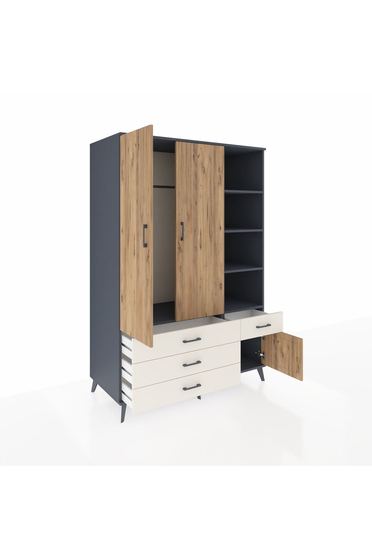 Kronos Dolap 5 Raflı 4 Çekmeceli Tek Askılı 132x59x195 Antrasit-Çam/Aytaşı