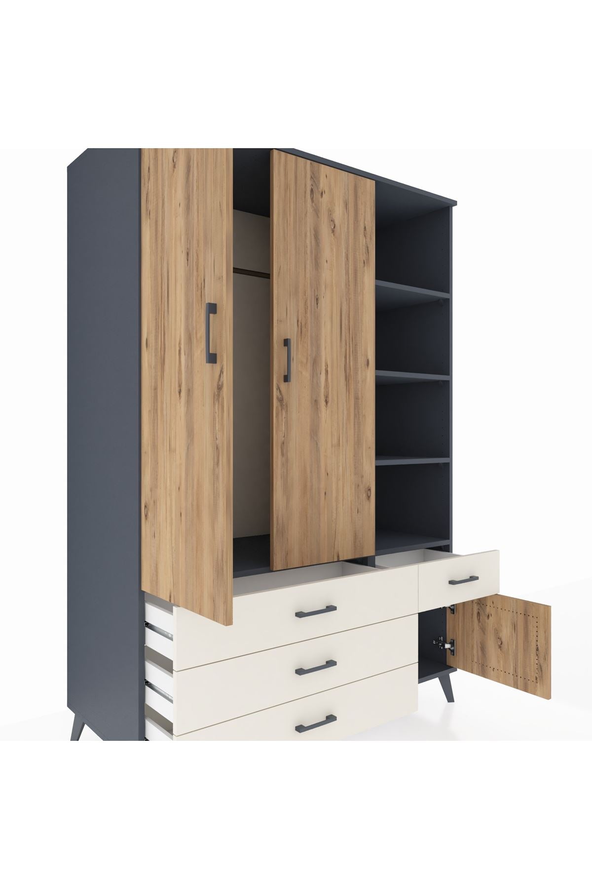 Kronos Dolap 5 Raflı 4 Çekmeceli Tek Askılı 132x59x195 Antrasit-Çam/Aytaşı