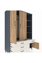 Kronos Dolap 5 Raflı 4 Çekmeceli Tek Askılı 132x59x195 Antrasit-Çam/Aytaşı