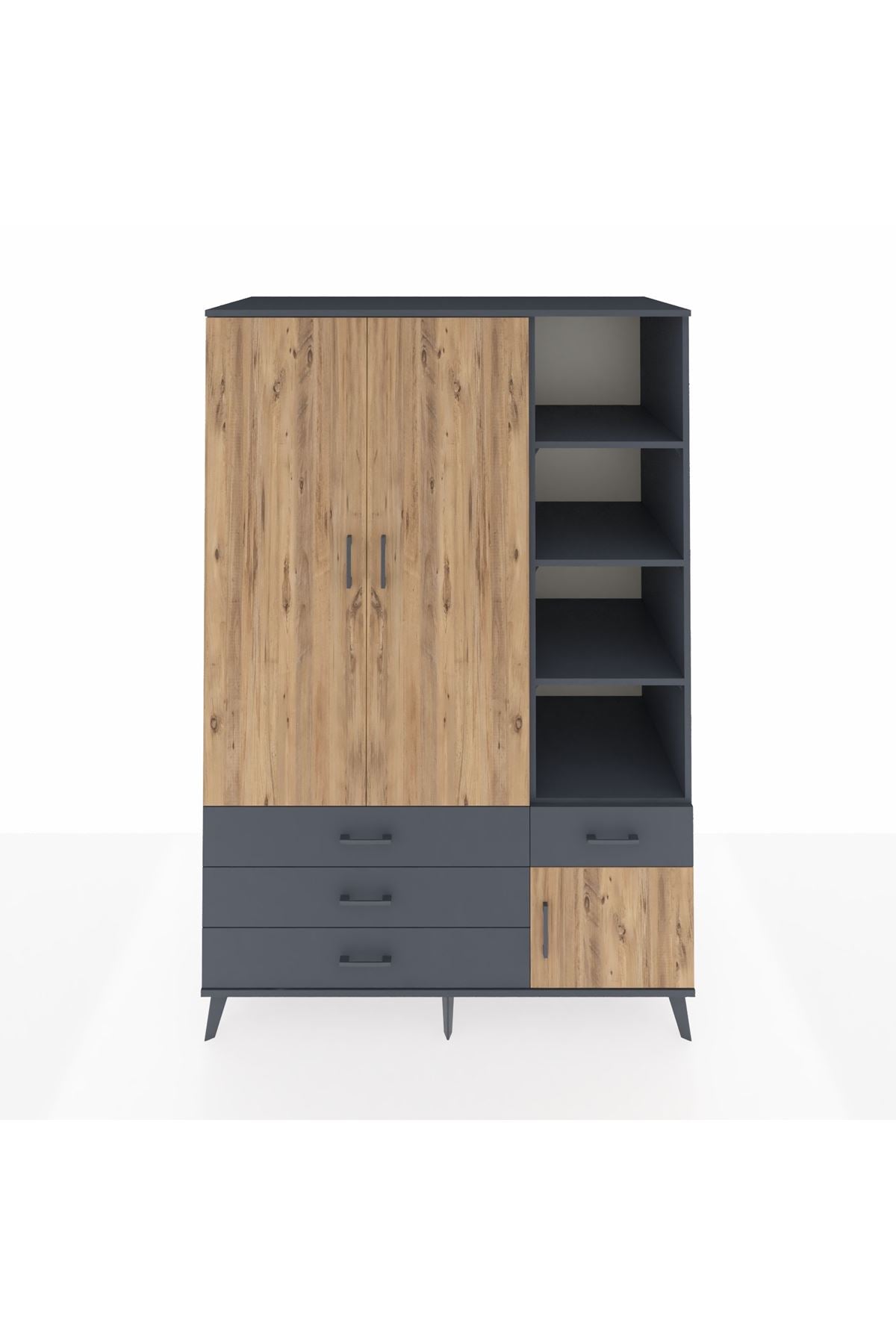 Kronos Dolap 5 Raflı 4 Çekmeceli Tek Askılı 132x59x195 Antrasit-Çam/Antrasit