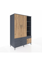 Kronos Dolap 5 Raflı 4 Çekmeceli Tek Askılı 132x59x195 Antrasit-Çam/Antrasit