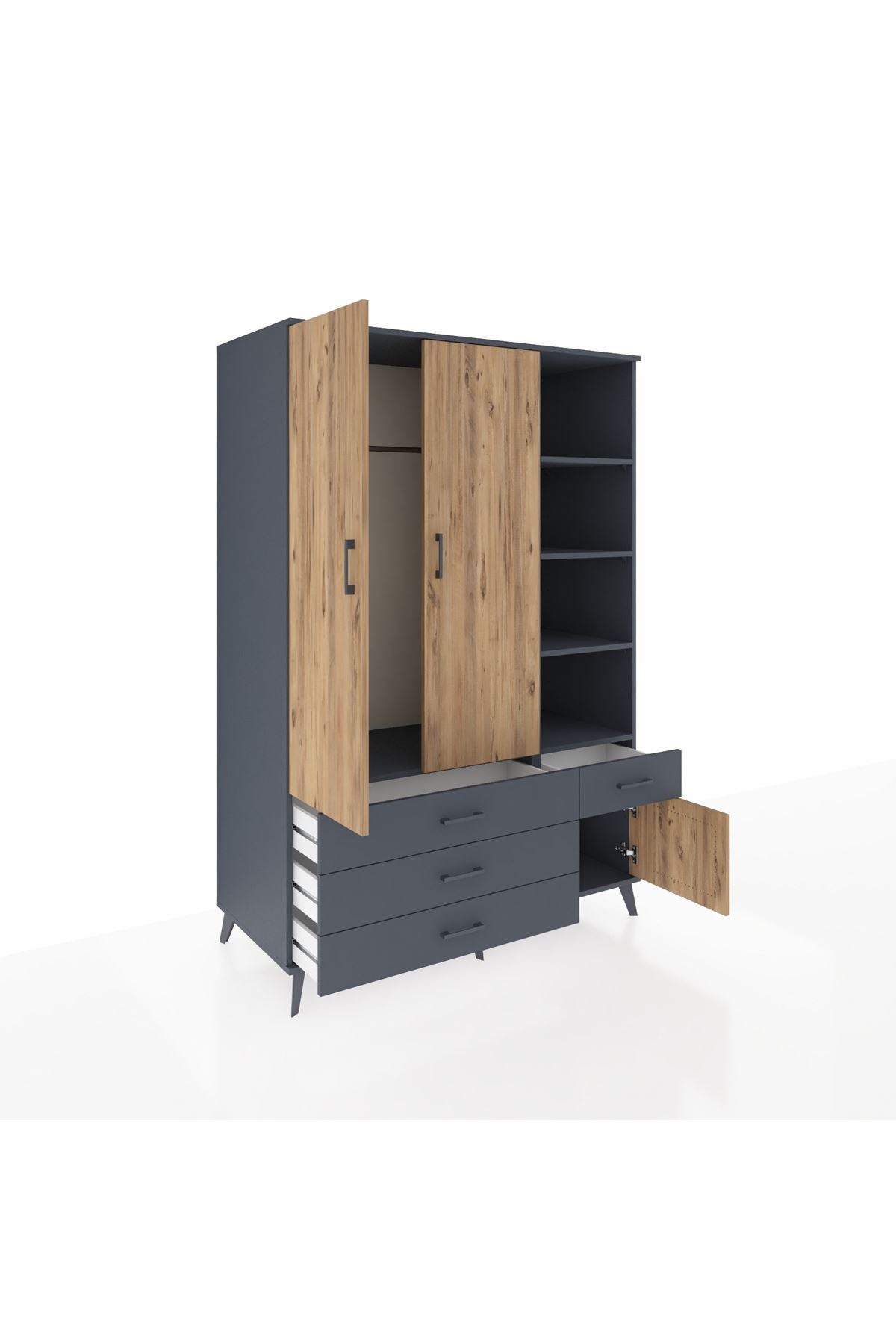 Kronos Dolap 5 Raflı 4 Çekmeceli Tek Askılı 132x59x195 Antrasit-Çam/Antrasit