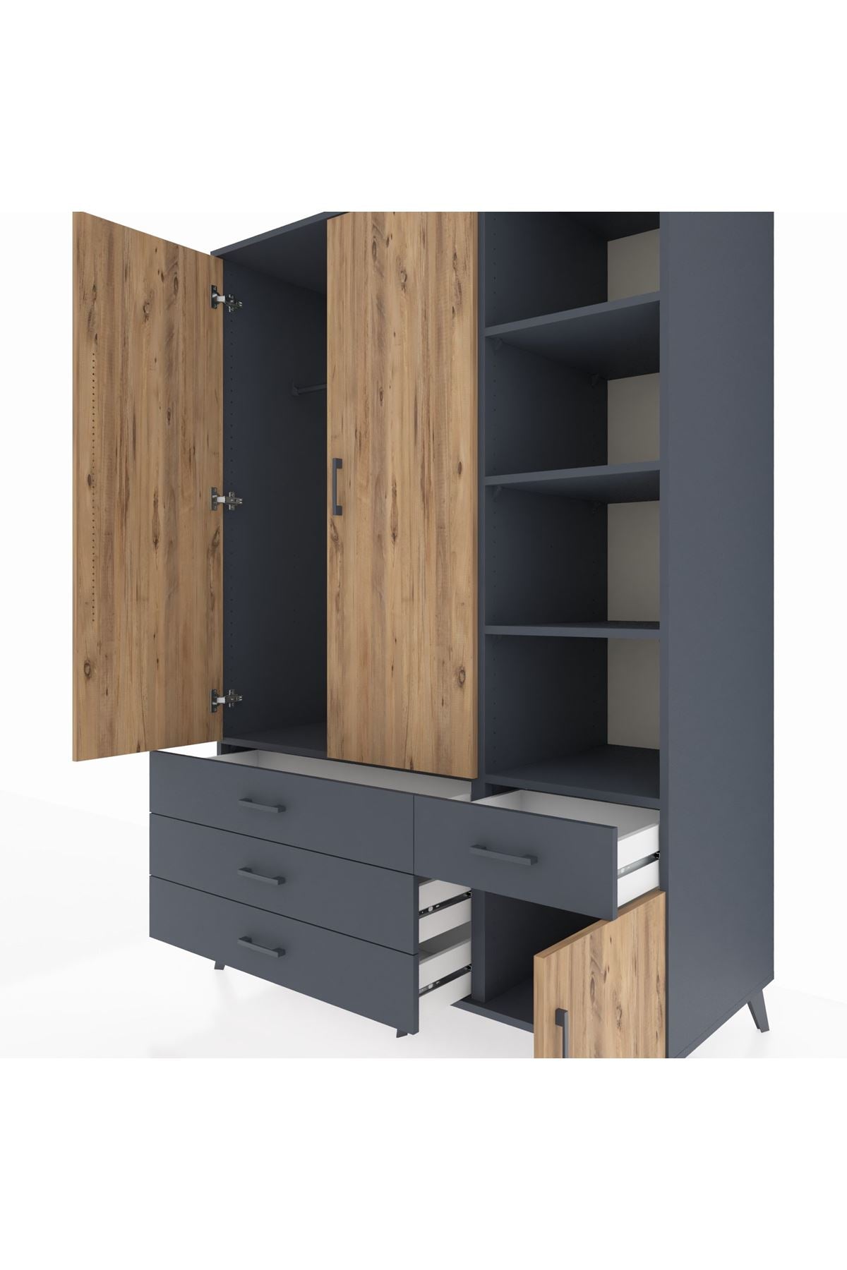 Kronos Dolap 5 Raflı 4 Çekmeceli Tek Askılı 132x59x195 Antrasit-Çam/Antrasit