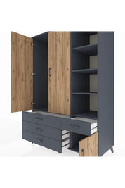 Kronos Dolap 5 Raflı 4 Çekmeceli Tek Askılı 132x59x195 Antrasit-Çam/Antrasit