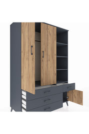 Kronos Dolap 5 Raflı 4 Çekmeceli Tek Askılı 132x59x195 Antrasit-Çam/Antrasit