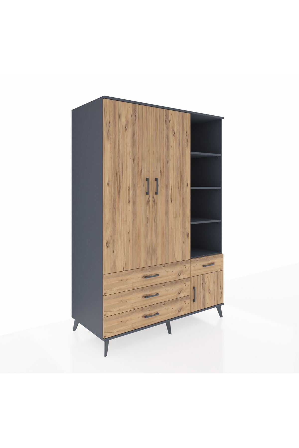 Kronos Dolap 5 Raflı 4 Çekmeceli Tek Askılı 132x59x195 Antrasit-Çam/Çam