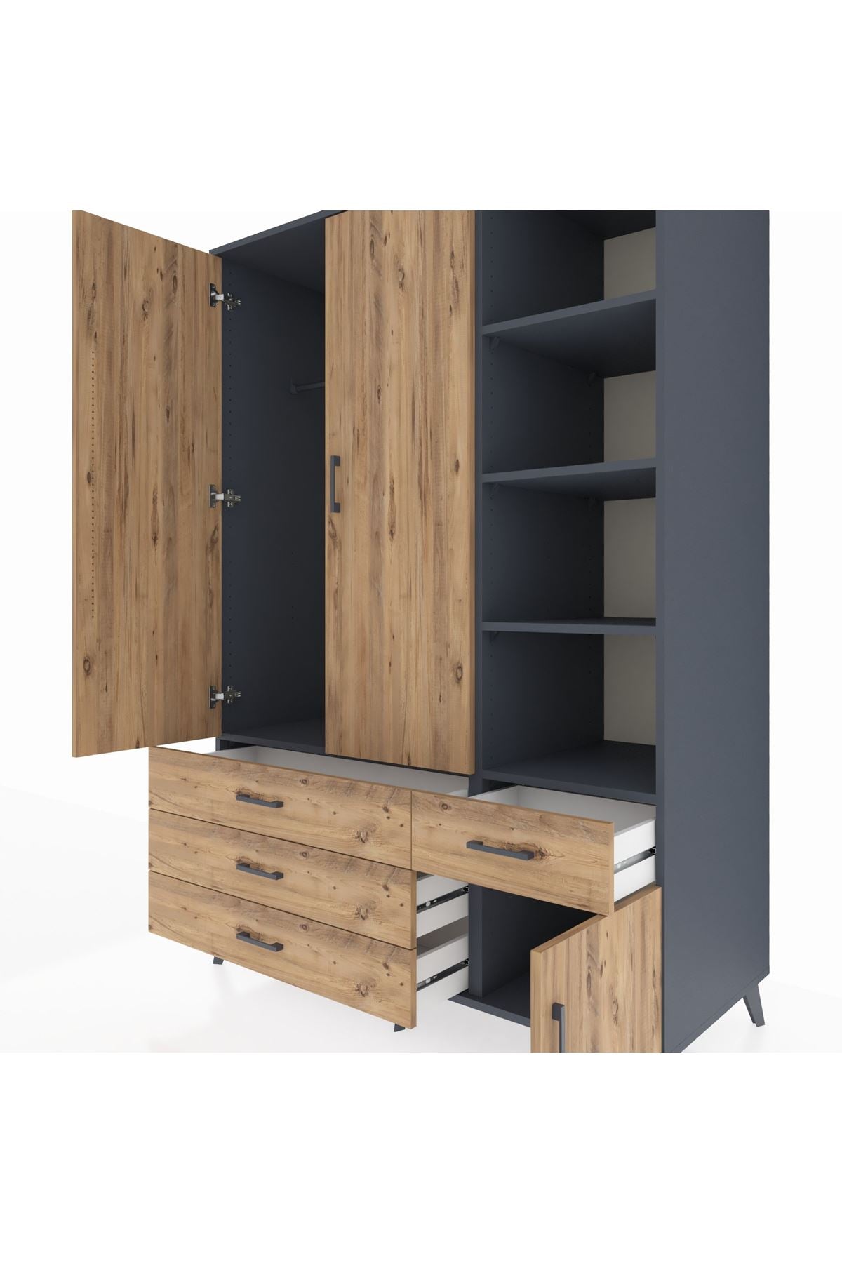 Kronos Dolap 5 Raflı 4 Çekmeceli Tek Askılı 132x59x195 Antrasit-Çam/Çam