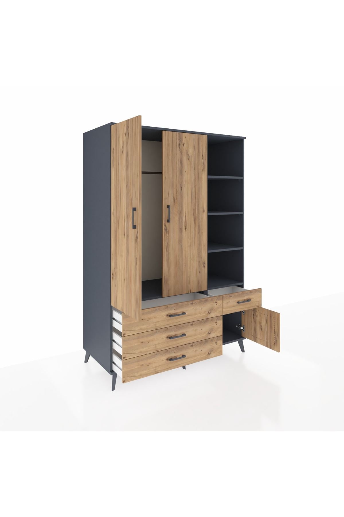 Kronos Dolap 5 Raflı 4 Çekmeceli Tek Askılı 132x59x195 Antrasit-Çam/Çam