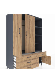 Kronos Dolap 5 Raflı 4 Çekmeceli Tek Askılı 132x59x195 Antrasit-Çam/Çam