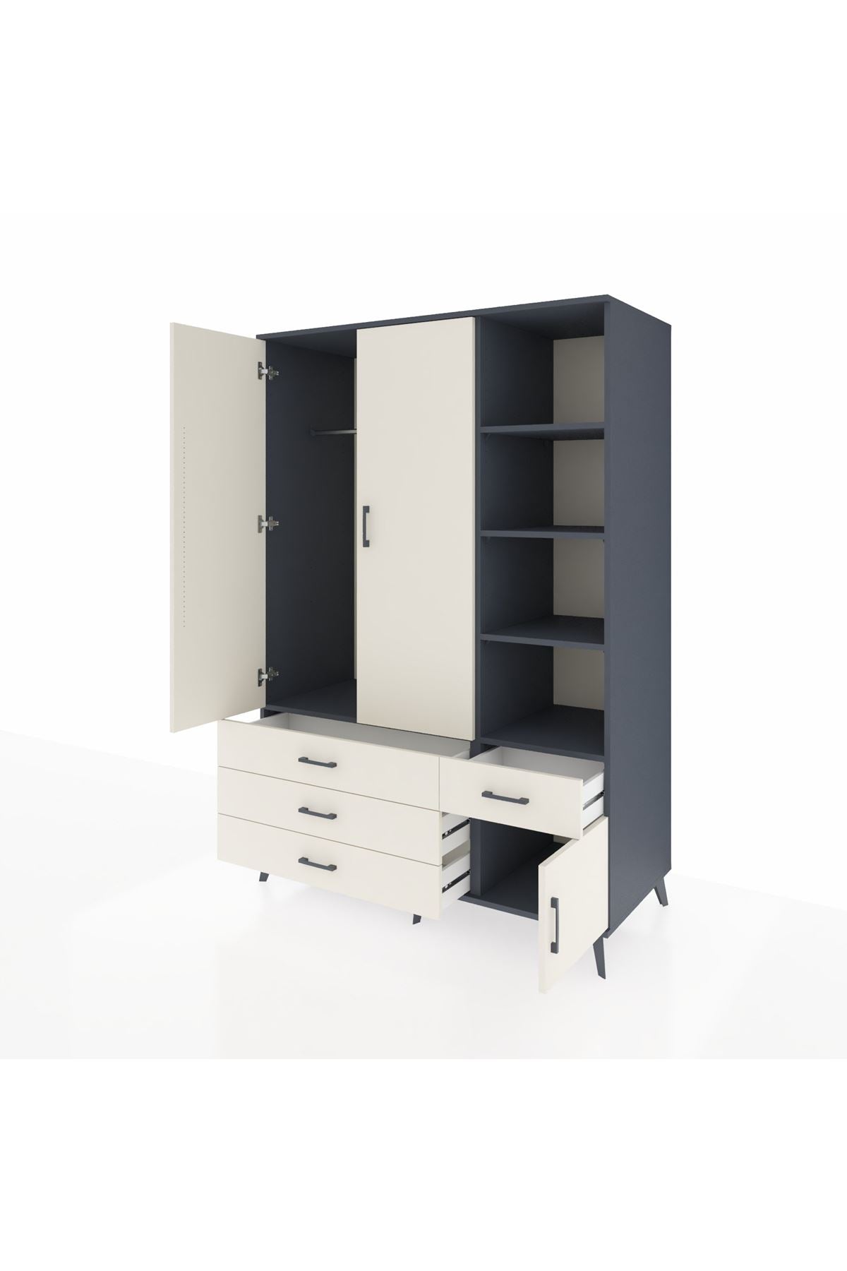 Kronos Dolap 5 Raflı 4 Çekmeceli Tek Askılı 132x59x195 Antrasit-Aytaşı/Aytaşı