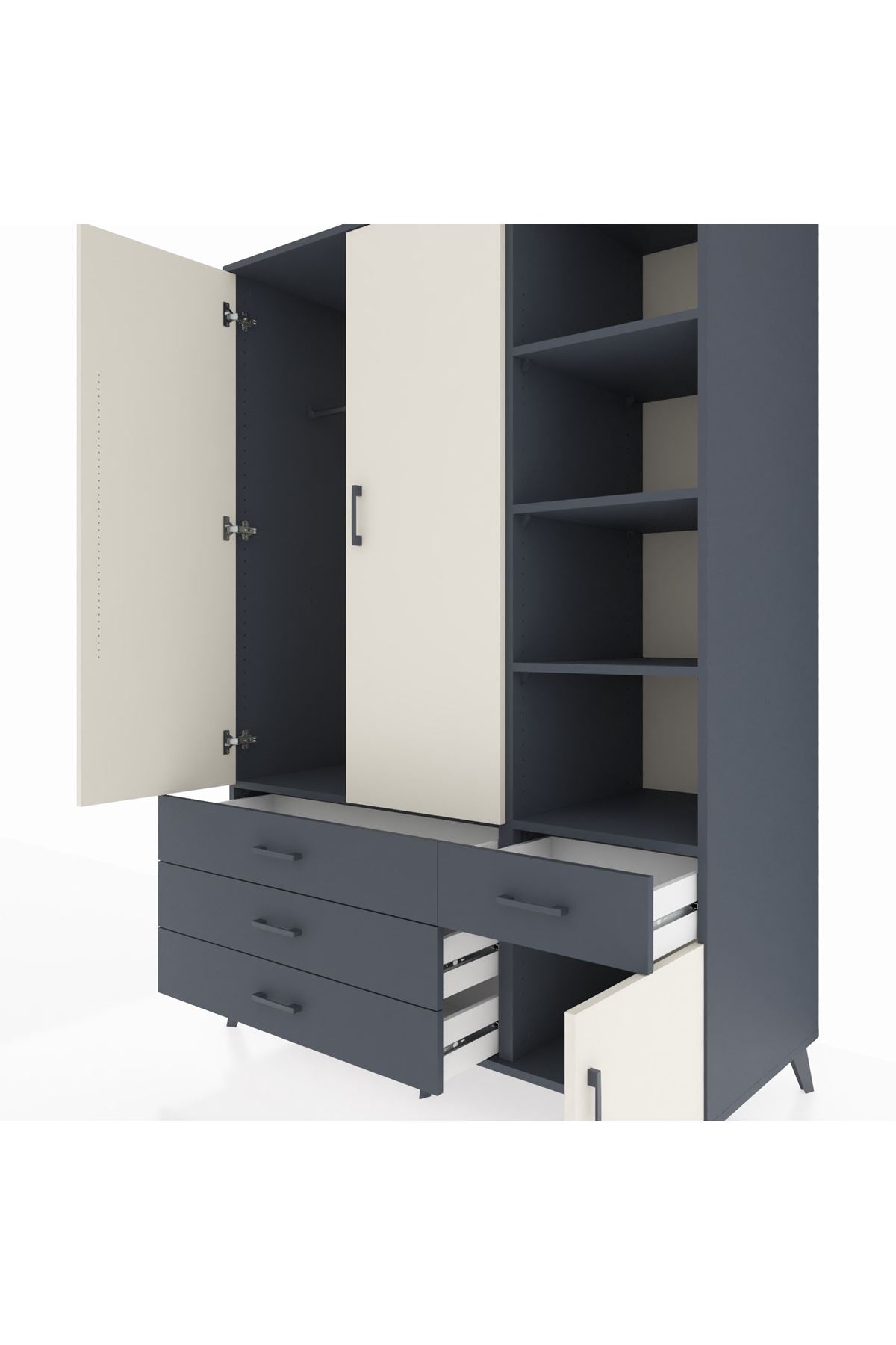 Kronos Dolap 5 Raflı 4 Çekmeceli Tek Askılı 132x59x195 Antrasit-Aytaşı/Antrasit