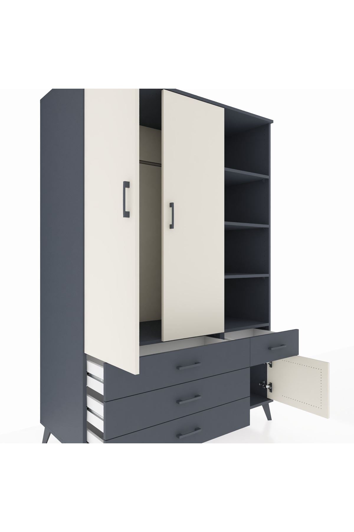 Kronos Dolap 5 Raflı 4 Çekmeceli Tek Askılı 132x59x195 Antrasit-Aytaşı/Antrasit