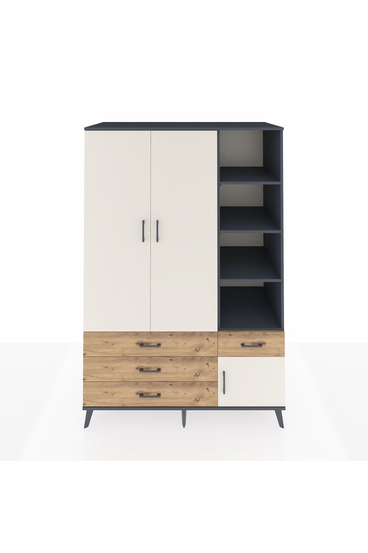 Kronos Dolap 5 Raflı 4 Çekmeceli Tek Askılı 132x59x195 Antrasit-Aytaşı/Çam