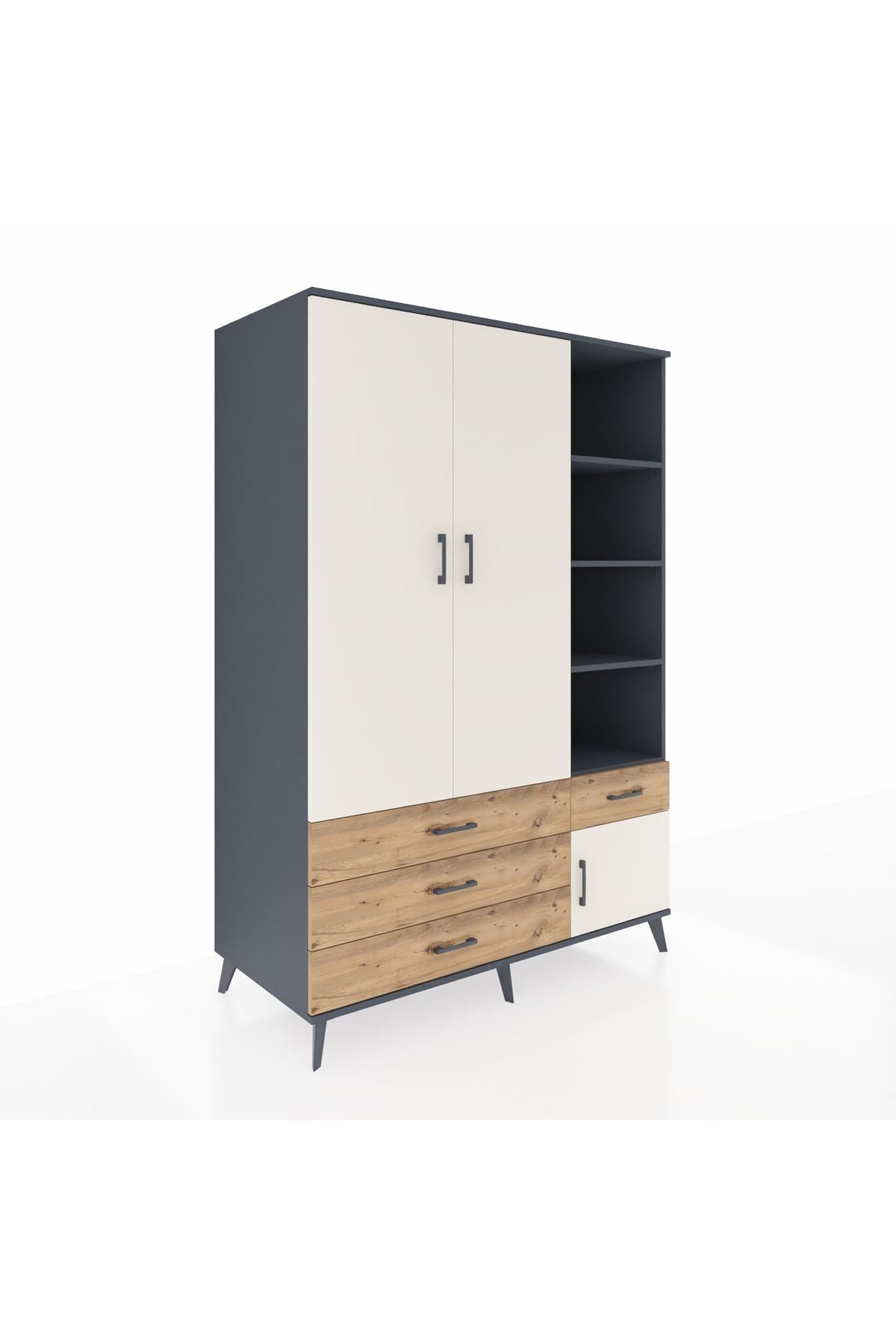 Kronos Dolap 5 Raflı 4 Çekmeceli Tek Askılı 132x59x195 Antrasit-Aytaşı/Çam