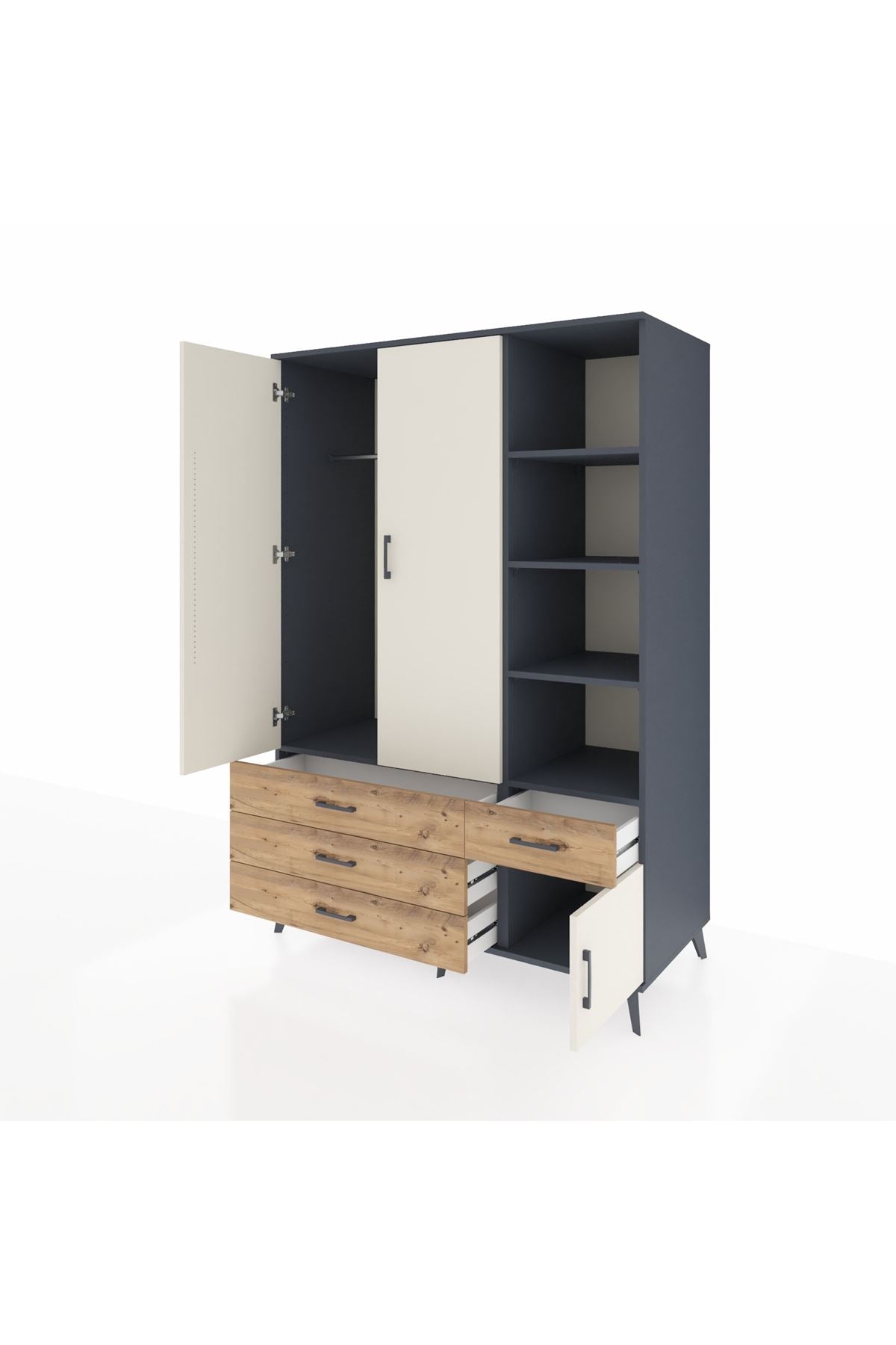 Kronos Dolap 5 Raflı 4 Çekmeceli Tek Askılı 132x59x195 Antrasit-Aytaşı/Çam